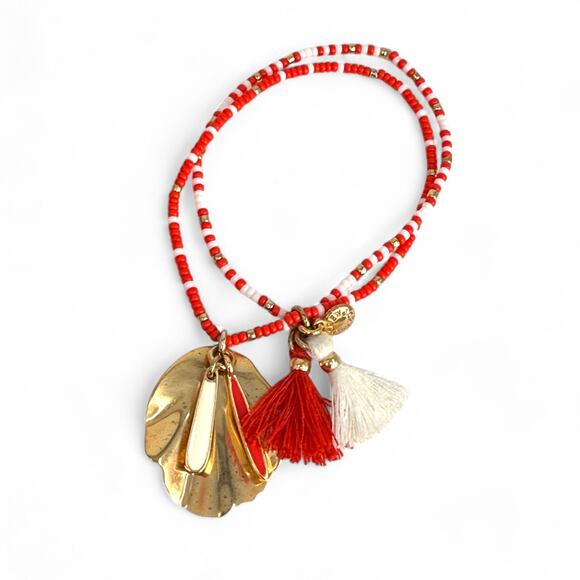 J Crew Beaded Stretch Bracelet Red and White Gold Tone Leaf Charm - Picture 1 of 6
